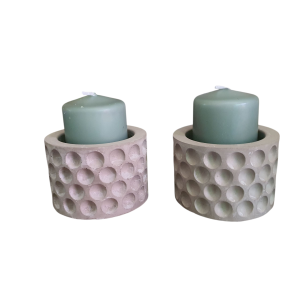 Set of Two Round Dotted Pillar Candle Holders with Sage Green Pillar Candles