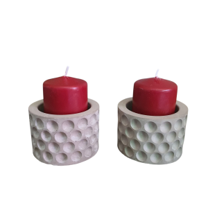 Set of Two Round Dotted Pillar Candle Holders with Wine Red Pillar Candles